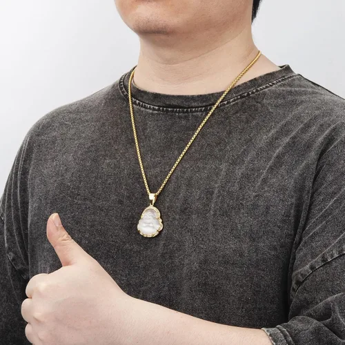 Vista 5 de WESTMIAJW Lucky Laughing Buda colgante cadena collares amuleto joyería para hombres, mujeres y niños, 23.6in, Piedra
