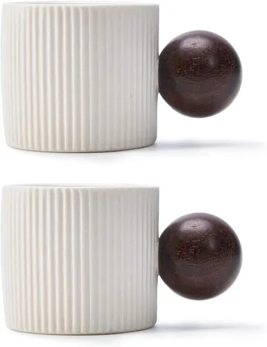 Vista 9 de Mini tazas de cerámica para café expreso, tazas Demitasse con mango redondo de madera a rayas verticales tazas de té (beige y azul, 2 unidades)