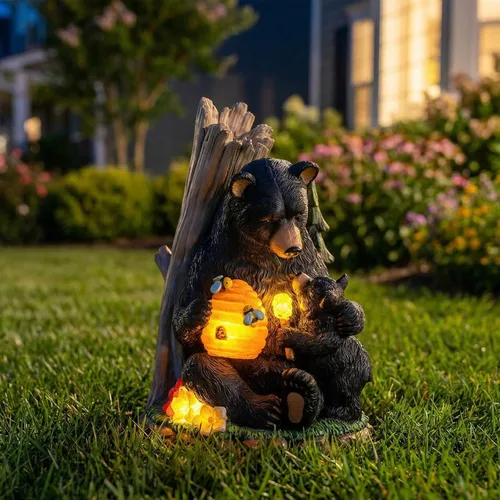 Vista 5 de Candieslife Estatua de jardín de oso solar con colmena brillante y cachorro, figura LED para exteriores, decoración para patio, césped, arte
