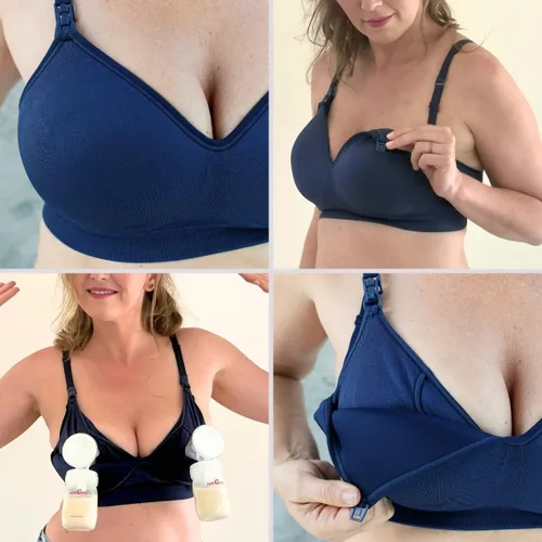 Vista 2 de Simple Wishes Pumping Bra Hands Free, Molded Cup Nursing Bra Paquete combinado: brasier índigo + camiseta sin mangas índigo
