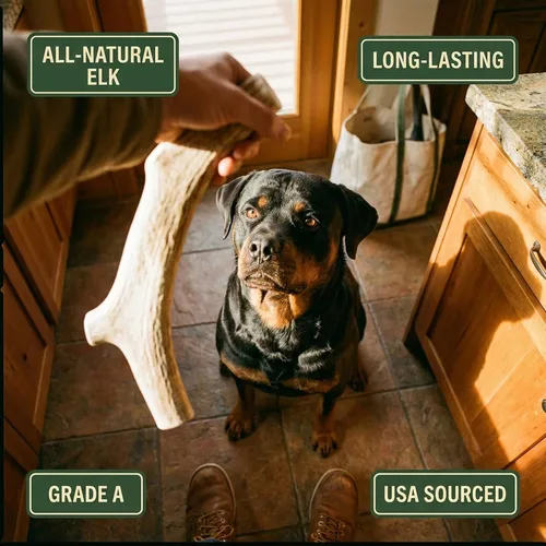Vista 4 de Cuernos de alce para perros (Tamaño 7-9") Grado-A, Cuernos masticables Premium para perros. Producto de los EE. UU., golosina masticable para perros