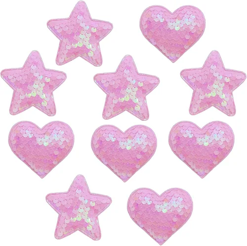 Vista 10 de Xeahung 10 parches de corazón y estrella, parches de estrellas rosas para coser, parches de corazón con purpurina para ropa, vestido, sombrero
