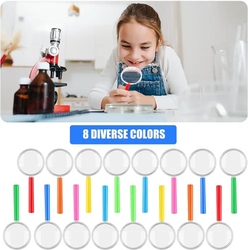 Vista 3 de Elcoho Paquete de 16 lupas de plástico coloridas para recuerdos de fiesta, juguetes educativos con bolsa de almacenamiento, 8