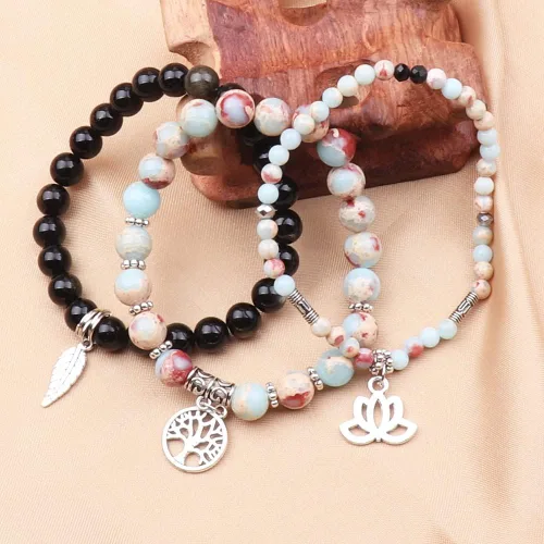 Vista 3 de UEUC - Pulseras Reiki, apilables, de piedras curativas, cristales, con dije del árbol de la vida, yoga y hoja de loto, contra la ansiedad