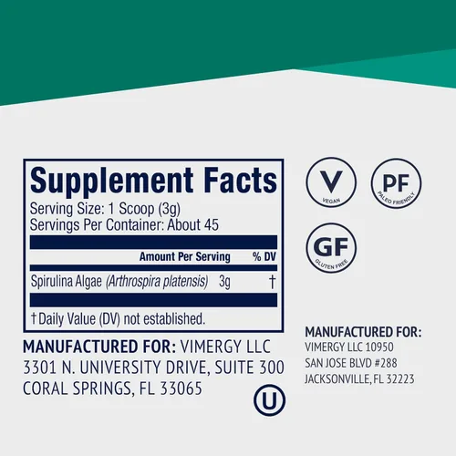 Vista 4 de Vimergy Polvo de espirulina - Proteína vegetal concentrada que apoya la salud inmunológica y la función cardiovascular - Vegano, Kosher, sin gluten