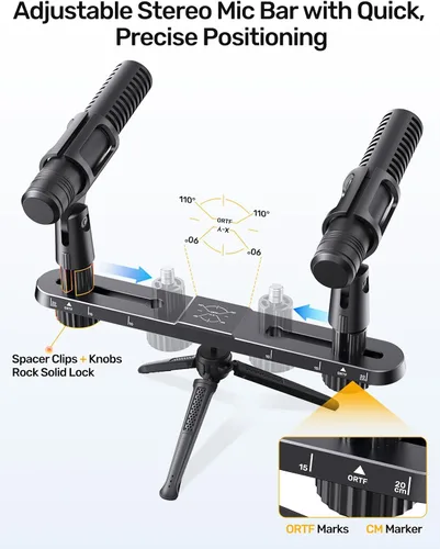 Vista 2 de Barra de micrófono estéreo, barra de montaje de micrófono doble ajustable, soporte de micrófono doble universal para soporte, barra de micrófono