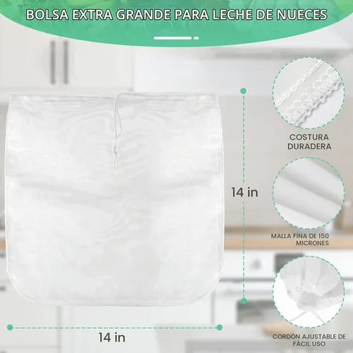 Vista 3 de Paquete de 3 bolsas de leche de nuez de 14 x 14 pulgadas, extra grandes, reutilizables, coladores de alimentos, bolsas de nueces para colar leche