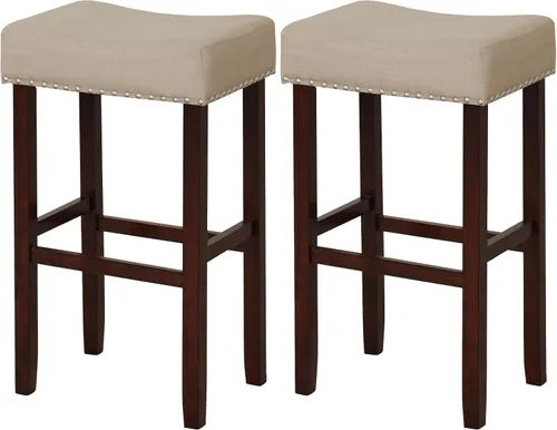 Vista 11 de COSTWAY Juego de 2 taburetes de madera sin respaldo de 25 pulgadas con borde de cabeza de clavo, marco de madera de goma, reposapiés, carga máxima