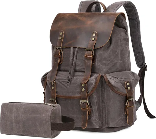 Vista 9 de Wogarl Mochila de lona de cuero vintage, Verde militar, Mediana, Ocio