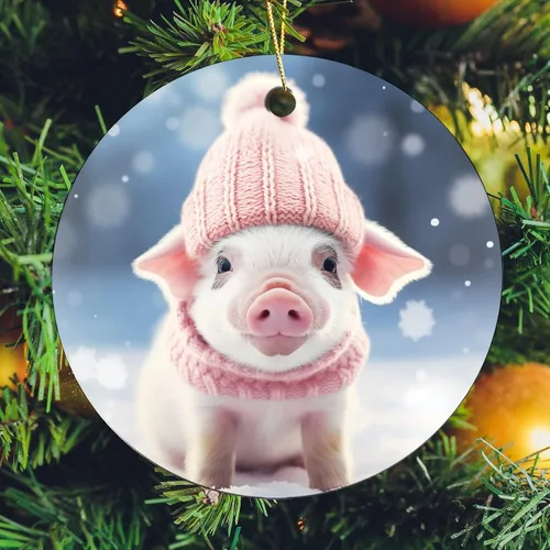 Vista 6 de Adorno de animales de granja, cerdo, adornos para árbol de Navidad, animales de granja para niños y niñas, decoración redonda de cerámica