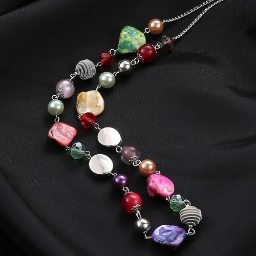 Vista 3 de FULU AUTUMN Collares largos de cuentas para mujer, collar de cadena de eslabones de plata con cuentas de cristal de concha, regalos de fiesta