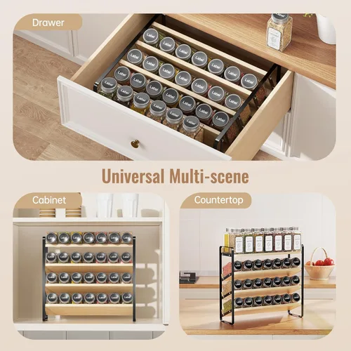 Vista 5 de MUDEELA Organizador de especias de 4 niveles para gabinete, estante vertical de madera para especias, organizador de condimentos para encimera, Negro