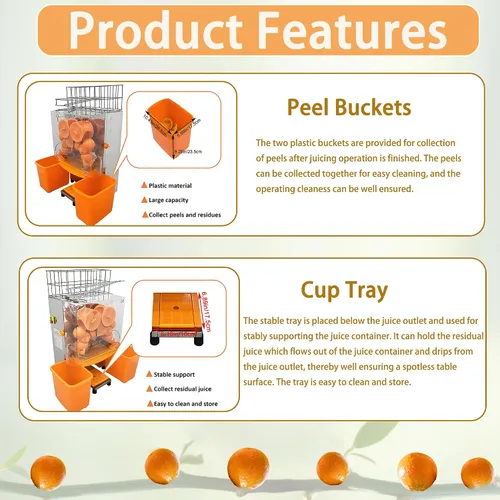 Vista 6 de Máquina exprimidora naranja comercial de 110 V, extractor automático de acero inoxidable naranja con engranajes de acero, 2 cáscaras que recogen