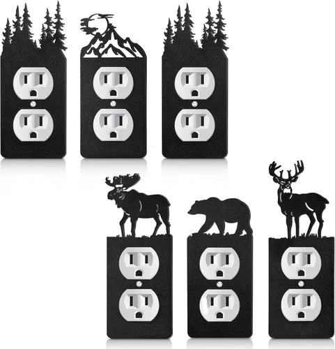Vista 8 de Lothee 6 piezas de placa de metal para interruptor de luz de oso, alce, árbol, montaña, alce, bosque, placa de salida, cubierta de pared