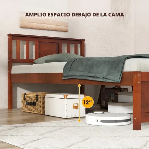 Vista 6 de Giantex Marco de cama individual con cabecero, cama de plataforma de madera maciza de mediados de siglo, cama de panel individual con soporte