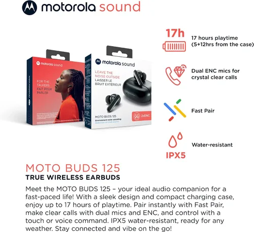 Vista 2 de Motorola Sound Moto Buds 125 True Wireless Earbuds, IPX5, impermeables, a prueba de sudor, control táctil, con micrófono de cancelación de ruido