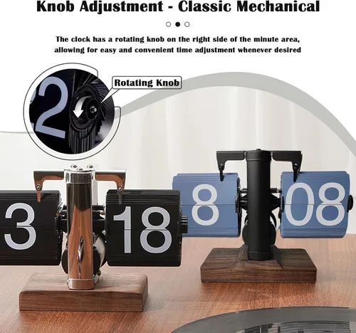 Vista 3 de VBESTLIFE Reloj digital retro abatible, funciona con batería, reloj de engranajes internos, mecánico clásico, base de nogal negro, para decoración