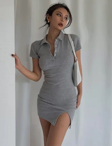 Vista 2 de FAIMILORY Mini vestido tipo polo para mujer, estilo clásico, acanalado, elástico, casual, con abertura