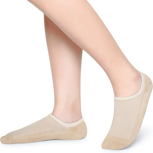 Vista 2 de Henwarry Calcetines de tobillo de algodón de corte bajo con cojín grueso para mujer, calcetines deportivos de malla para correr, 5 pares