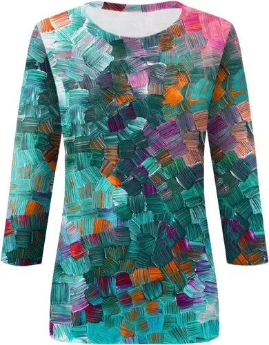 Vista 52 de Camisetas personalizadas para mujer, a la moda, casual, de séptima manga, estampada, cuello redondo, camiseta