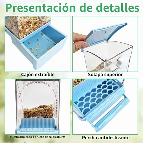 Vista 4 de Hamiledyi Comedero automático para pájaros sin ensuciar, contenedor de comida de semillas de loro acrílico transparente con jaula de perca