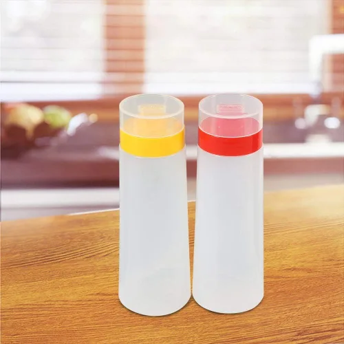 Vista 7 de Agatige Botellas exprimibles de salsa de tomate de 10 onzas, botella de condimento de resina plástica de 4 agujeros con tapa abatible a prueba