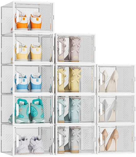 Vista 11 de SIMPDIY Almacenamiento de zapatos, paquete de 12 organizadores de zapatos para armario, cajas de zapatos apilables de plástico transparente con Negro