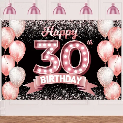 Vista 254 de Cartel de feliz cumpleaños décimo oro rosa, telón de fondo, saludos a 10 años, globos de confeti, decoración temática para niñas de 10 años