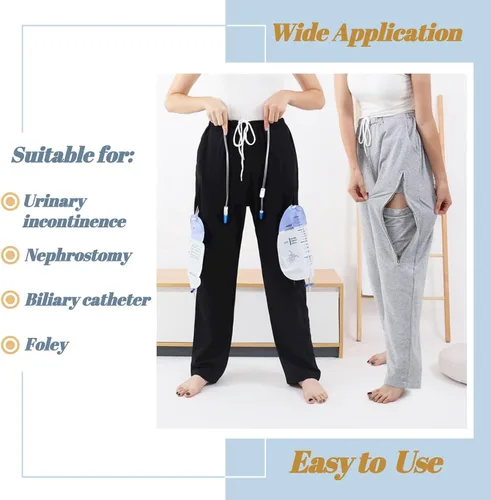 Vista 4 de Pantalones para pierna de catéter, pantalones con soporte para bolsa de orina para hombres y mujeres con bolsillos dobles con cremallera, capacidad