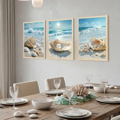 Vista 5 de SYWENNOI 3 piezas de arte de pared de playa con marco de madera, juego de 3 impresiones costeras, conchas marinas, estrellas de mar, olas, orilla