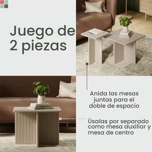Vista 4 de Stead Juego de mesa auxiliar cuadrada anidable, mesa central con base de roble acanalado para sala de estar, juego de conjunto de chapa de grano
