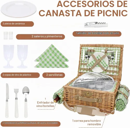 Vista 2 de Cesta de picnic para 2, cestas de picnic aisladas de sauce con correa para el hombro, canasta de picnic con manta de picnic impermeable, cesta