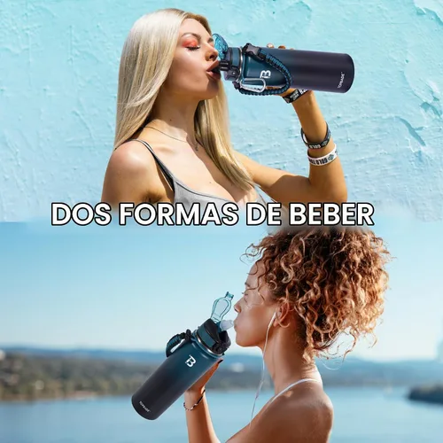 Vista 6 de TOPBADE Botella de agua aislada de 32 onzas con tapa de pajita, tapa de boquilla y mango de paracord, botella de agua de acero inoxidable de boca
