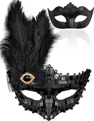 Vista 13 de Juego de Máscaras para Pareja de SIQUK, Máscara de Fiesta Veneciana, Máscara de Disfraz
