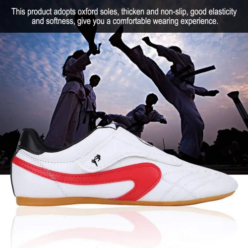 Vista 8 de Dilwe Taekwondo Zapatos, Cuero PU Taekwondo Zapatos de Boxeo Gimnasio Artes Marciales Zapatos para Adultos (38) Rojo, Rojo