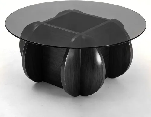Vista 7 de Mesa de centro negra, mesa de centro redonda de vidrio de 31.5 pulgadas para sala de estar, mesa de centro moderna de mediados de siglo, mesa