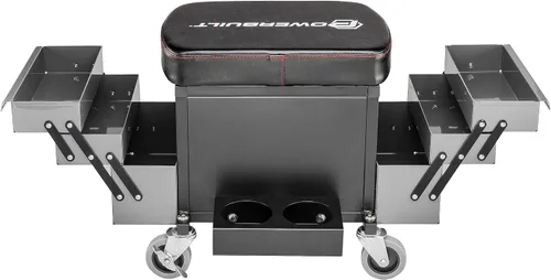 Vista 5 de Powerbuilt Asiento rodante con bandejas de herramientas expandibles, taburete de garaje con caja de herramientas con ruedas - Gris 941918ECE