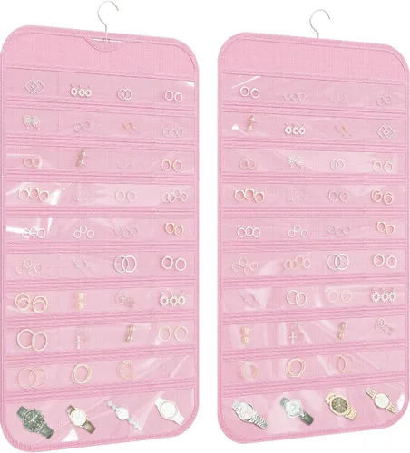 Vista 9 de Organizador colgante de joyas con 80 bolsillos de almacenamiento de doble cara, 1 paquete, color beige