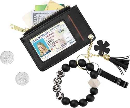 Vista 2 de Pulsera de pulsera con llavero para cartera, bolsillo para tarjetas de crédito, monedero con borla, llavero para mujer