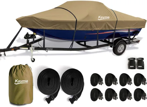 Vista 21 de Kayme Cubierta de lancha resistente 1200D para barcos de 14 a 16 pies, impermeable, resistente al desgarro con correas reforzadas al viento, ideal