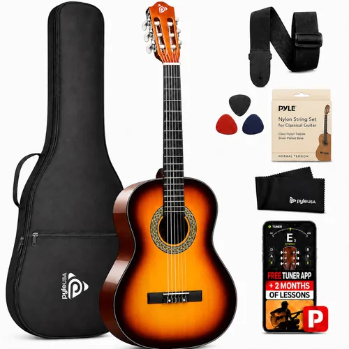Vista 7 de Pyle Kit de guitarra acústica para principiantes, instrumento de madera de tamaño junior 3/4 con kit completo de accesorios, púas, correa