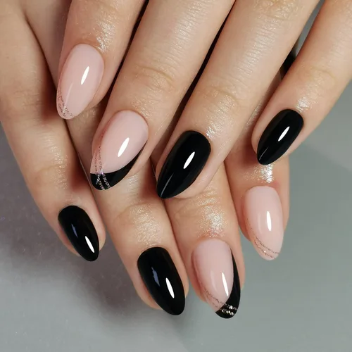 Vista 12 de Curvlife Uñas postizas a presión de almendra mediana, punta francesa negra dorada con pegamento, longitud media, color negro mate con borde de línea