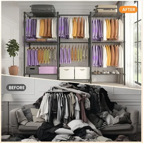 Vista 9 de Perchero de ropa resistente, perchero independiente para colgar ropa, perchero de metal ajustable con 6 varillas y 6 estantes, armario portátil