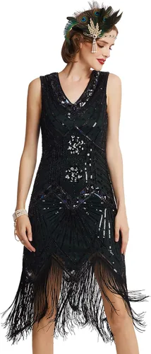 Vista 13 de BABEYOND Vestido de mujer con estilo charlestón de los años 20, cuello en V, con cuentas y flecos, estilo Gran Gatsby