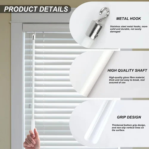 Vista 3 de Varita ciega de fibra de vidrio blanca de 12 pulgadas con gancho de metal, varita inclinable para ventana, piezas de repuesto de control de varita