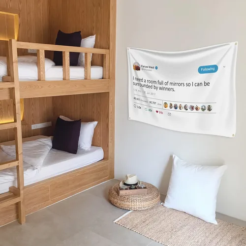 Vista 2 de Kanye - Banderas de tweet para tapiz, Necesito una habitación llena de espejos con herramienta de instalación, banderas divertidas para habitación