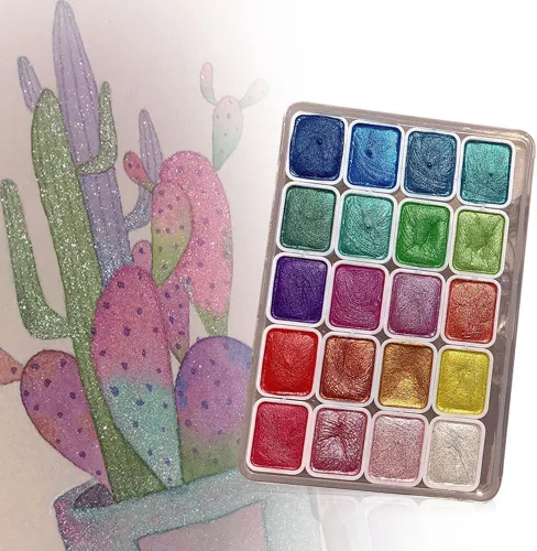 Vista 7 de Juego de pintura de acuarela de 12 colores, suministros de dibujo, juego de pinturas de acuarela metálicas brillantes, kit de pintura colorida