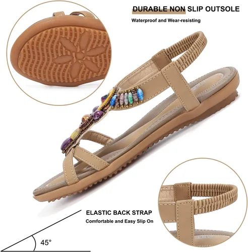 Vista 4 de SHIBEVER Sandalias bohemias para mujer de verano con cuentas y tirantes delgados al tobillo, zapatos elegantes