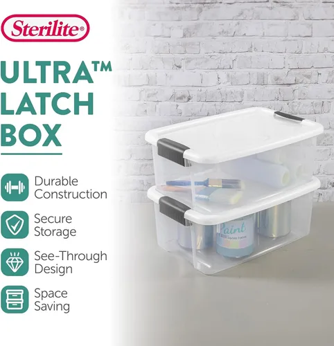 Vista 2 de Sterilite - Caja de almacenamiento de 18 cuartos de galón con tapa blanca y base transparente, paquete de 12 Heavy-Duty and Stackable Plastic