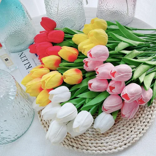 Vista 6 de UKELER Tulipanes artificiales a granel, 24 piezas de corona de bricolaje de tacto real, flores de tulipán artificiales para el hogar, cocina, boda